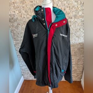 Vintage 90s Monroe Maxi Muffler Racing Hooded Windbreaker Jacket Black Teal L